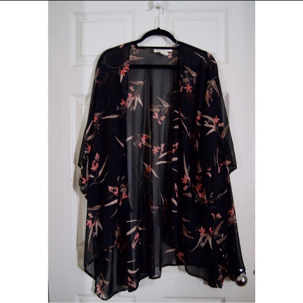 Black floral print cardigan kimono swim cover up